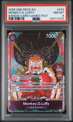 2025 ONE PIECE PROMOS BANDAI CARD GAMES FEST #073 MONKEY D. LUFFY PSA 8 - Image 1