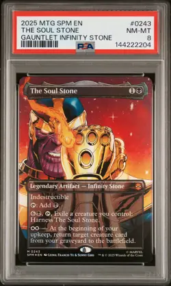 2025 MTG MARVEL'S SPIDER-MAN BORDERLESS-GAUNTLET THE SOUL STONE PSA 8 - Image 1