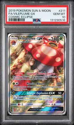 2019 POKEMON SUN & MOON COSMIC ECLIPSE #211 FULL ART/VILEPLUME GX PSA 10 - Image 1
