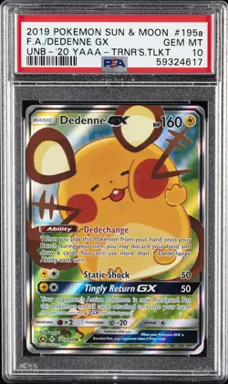 2019 POKEMON SUN & MOON UNBROKEN BONDS #195A FULL ART/DEDENNE GX PSA 10 - Image 1