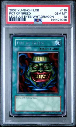 2002 YU-GI-OH! LOB-LEGEND OF BLUE EYES WHITE DRAGON #119 POT OF GREED PSA 10 - Image 1