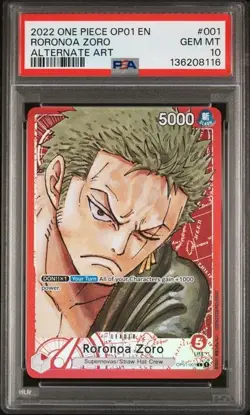 Bandai One Piece Roronoa Zoro OP01-001 Romance Dawn Leader Alt Art Foil PSA 10 - Image 1