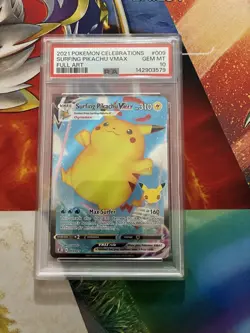 POKEMON CARD 2021 POKEMON CELEBRATIONS #009 FULL ART/SURFING PIKACHU VMAX PSA 10 - Image 1