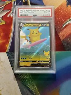 POKEMON CARD 2021 POKEMON CELEBRATIONS #008 SURFING PIKACHU V PSA 10 ONE OWNER - Image 1