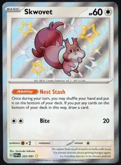 Pokemon Skwovet 205/091 SV: Paldean Fates Shiny Rare Holo 60 HP Hidey Hole - Image 1