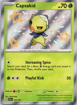 Pokemon Capsakid 106/091 SV: Paldean Fates Shiny Rare Holo 70 HP Playful Kick - Image 1