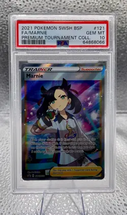 2021 POKEMON SWSH MARNIE PREMIUM TOURNAMENT COLLECTION FULL ART/MARNIE PSA 10 - Image 1