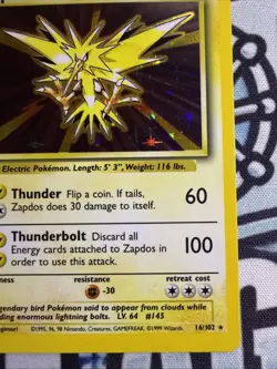 Pokemon Base Set Zapdos 16/102 Unimited Holo Rare - Vintage Pokemon - Image 4