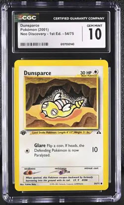 CGC GEM MINT 10 Pokemon Dunsparce 54/75 2001 Neo Discovery 1st Edition - Image 1