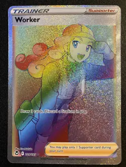 Pokemon TCG Worker 209/195 Silver Tempest Rainbow Secret Rare Full Art Trainer - Image 1