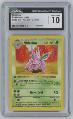 1999 Pokemon Base Set 1st Edition Nidorino CGC 10 #37 A64 - Image 1