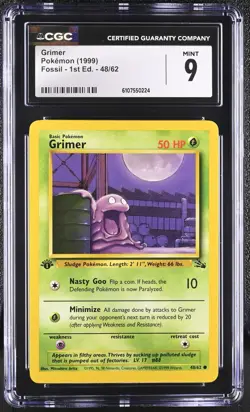 CGC MINT 9 Pokemon Grimer 48/62 1999 Fossil 1st Edition - Image 1