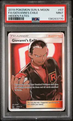 Pokemon PSA 9 MINT Giovanni's Exile 67/68 Hidden Fates FA Holo 2019 S#4125 - Image 1