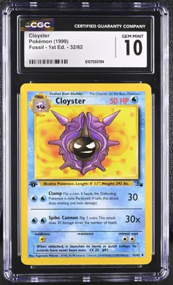 CGC GEM MINT 10 Pokemon Cloyster 32/62 1999 Fossil 1st Edition - Image 1