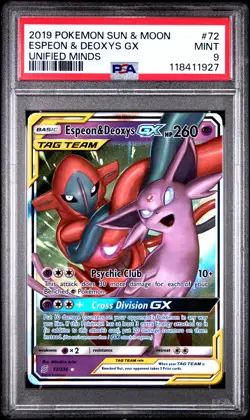 Espeon & Deoxys Gx 72/236 Unified Minds Pokemon PSA 9 - Image 1