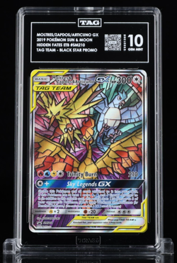 TAG TEAM 10 Gem Mint Moltres Zapdos Articuno GX SM210 Hidden Fates ETB Promo TCG - Image 1