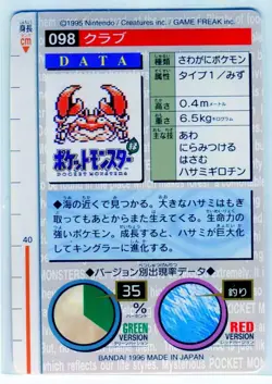 Krabby 098 Bandai Carddass Nintendo Pokemon Card Japanese 1996 NEAR MINT - Image 2