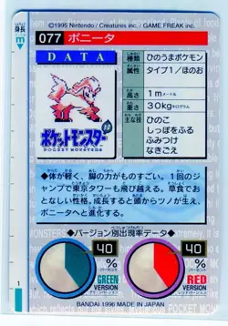 Ponyta 077 Bandai Carddass Nintendo Pokemon Card Japanese 1996 NEAR MINT - Image 2