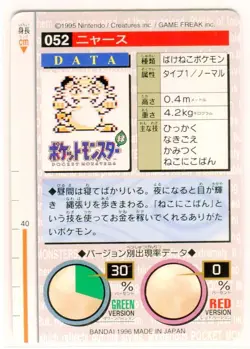 Meowth #52 Bandai Carddass Nintendo Pokemon Card Japanese 1996 NEAR MINT - Image 2