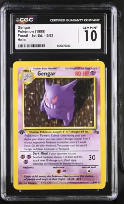 CGC 10 GEM MINT Gengar 1999 Fossil 1st Edition 5/62 Holo Pokemon Card - Image 1