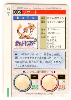 Charmeleon 005 Bandai Carddass Nintendo Pokemon Card Japanese 1996 NEAR MINT - Image 2