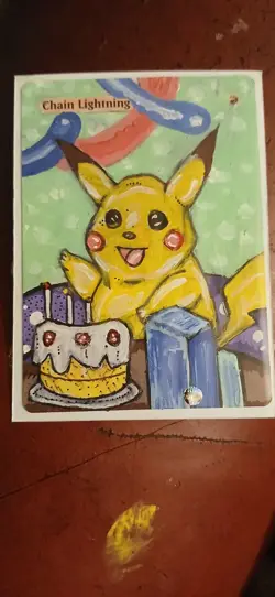 Mtg Hand Painted Altered Art Chain Lightning Pokemon Artwork Painting Pikachu - Image 1