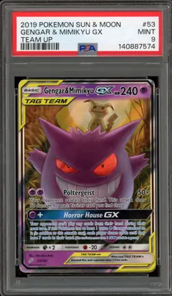 Pokemon Gengar & Mimikyu GX Team Up Holo Ultra Rare #53 PSA 9 Mint - Image 1
