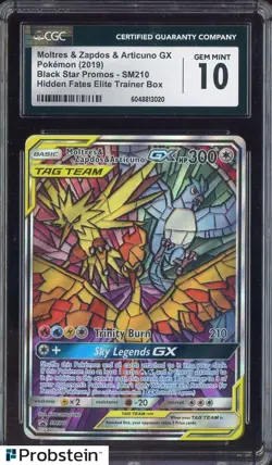 2019 Pokemon BSP Hidden Fates ETB #SM210 Moltres Zapdos Articuno GX CGC 10 - Image 1
