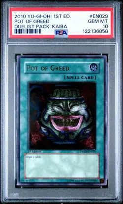 2010 YU-GI-OH! DUELIST PACK: KAIBA 1ST ED #EN029 POT OF GREED PSA 10 - Image 1