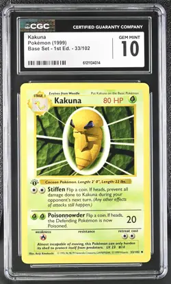 CGC 10 GEM MINT Kakuna 1999 Base Set Shadowless 1st Edition 33/102 Pokemon Card - Image 1