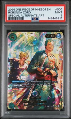 2026 ONE PIECE OP14-EB04-THE AZURE SEA'S SEVEN #006 RORONOA ZORO SP PSA 9 MINT - Image 1