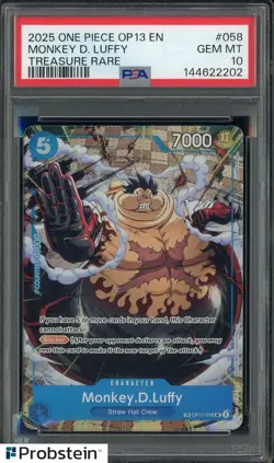 2025 One Piece OP13 EN Treasure Rare #058 Monkey D Luffy PSA 10 GEM MINT - Image 1