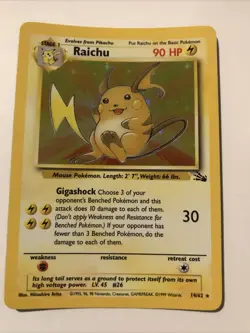 Pokemon Raichu 14/62 Fossil Holo Rare Unlimited Card English 1999 Stage 1 - Image 1