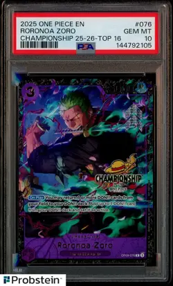2025 One Piece OP09-076 Roronoa Zoro Top 16 Regional Championship Card PSA 10 - Image 1