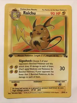 1999 Pokemon Raichu 29/62 1st Edition NON HOLO Rare - Fossil Card - Image 1