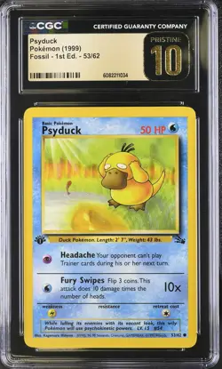 CGC Pristine 10 Psyduck 53/62 1st Edition Fossil Pokemon Card - Image 1