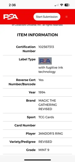 JANDOR’S RING Revised 1994 Magic The Gathering (MTG) PSA 9 MINT TCG 🔥Rare🔥 - Image 4