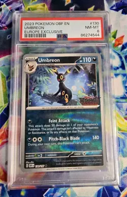 PSA 8 Umbreon Europe Exclusive #130 2023 Pokemon Obsidian Flames Stamped - Image 1