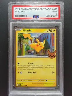 PIKACHU #018 COSMOS HOLO STAMPED 2024 POKEMON TRICK OR TRADE PSA 9 MINT 1 SWIRL - Image 1