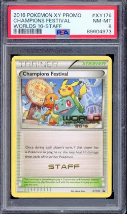 PSA 8 NM-MINT 2016 Champions Festival STAFF XY176 Worlds 16 Promo Pokemon Card - Image 1