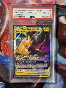 PSA 10 Pikachu & Zekrom GX 33/81 Sun & Moon Team Up Tag Team Pokemon English Gem - Image 1