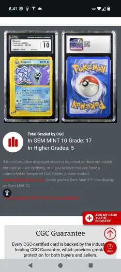(POP 17) CGC 10 GEM MINT Pokemon Expedition Base Set 42/165 Cloyster Card - Image 4