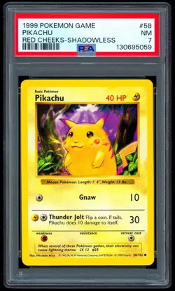 1999 Pokemon RED CHEEKS PIKACHU Base Set SHADOWLESS Error Card 58/102 Rare PSA 7 - Image 1