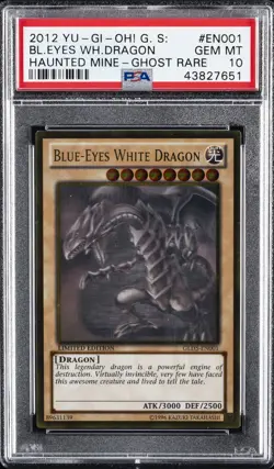 2012 YU-GI-OH! GOLD SER: HAUNTED MINE GHOST RARE BLUE-EYES WHITE DRAGON PSA 10 - Image 1