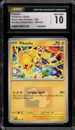 Pokemon Pikachu 2025 Worlds Celebration Winner Promo SVP EN 225 CGC 10 Gem Mint - Image 1