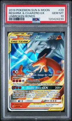 2019 POKEMON SUN & MOON UNBROKEN BONDS #20 RESHIRAM & CHARIZARD GX PSA 10 - Image 1