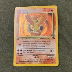 Moltres 12/62 Fossil Rare 70 HP Wildfire Dive Bomb Pokemon TCG Card 1999 - Image 1