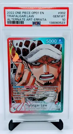 2022 ONE PIECE OP01-ROMANCE DAWN ALTERNATE ART-ERRATA #002 TRAFALGAR LAW PSA 10 - Image 1