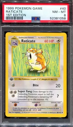 PSA 8 Pokemon 1999 Shadowless 1st Edition Base Set Raticate #40 - Image 1