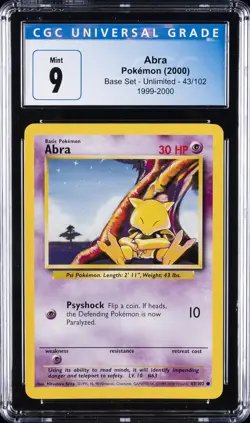 2000 POKEMON BASE SET UNLIMITED 1999-2000 #43 ABRA CGC 9 - Image 1